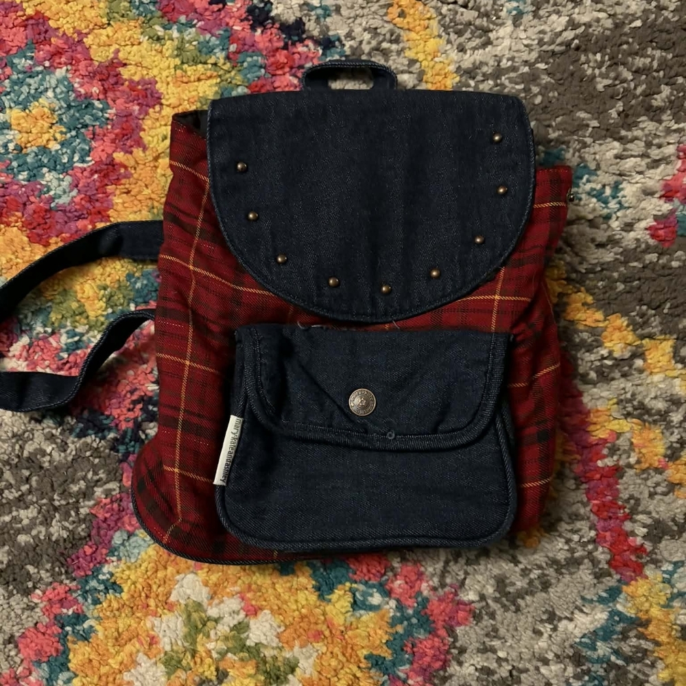 Denim & Red Plaid Mini Backpack Crossbody Bag